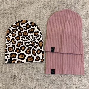 Leopard and Pink Striped Kids Beanie Set